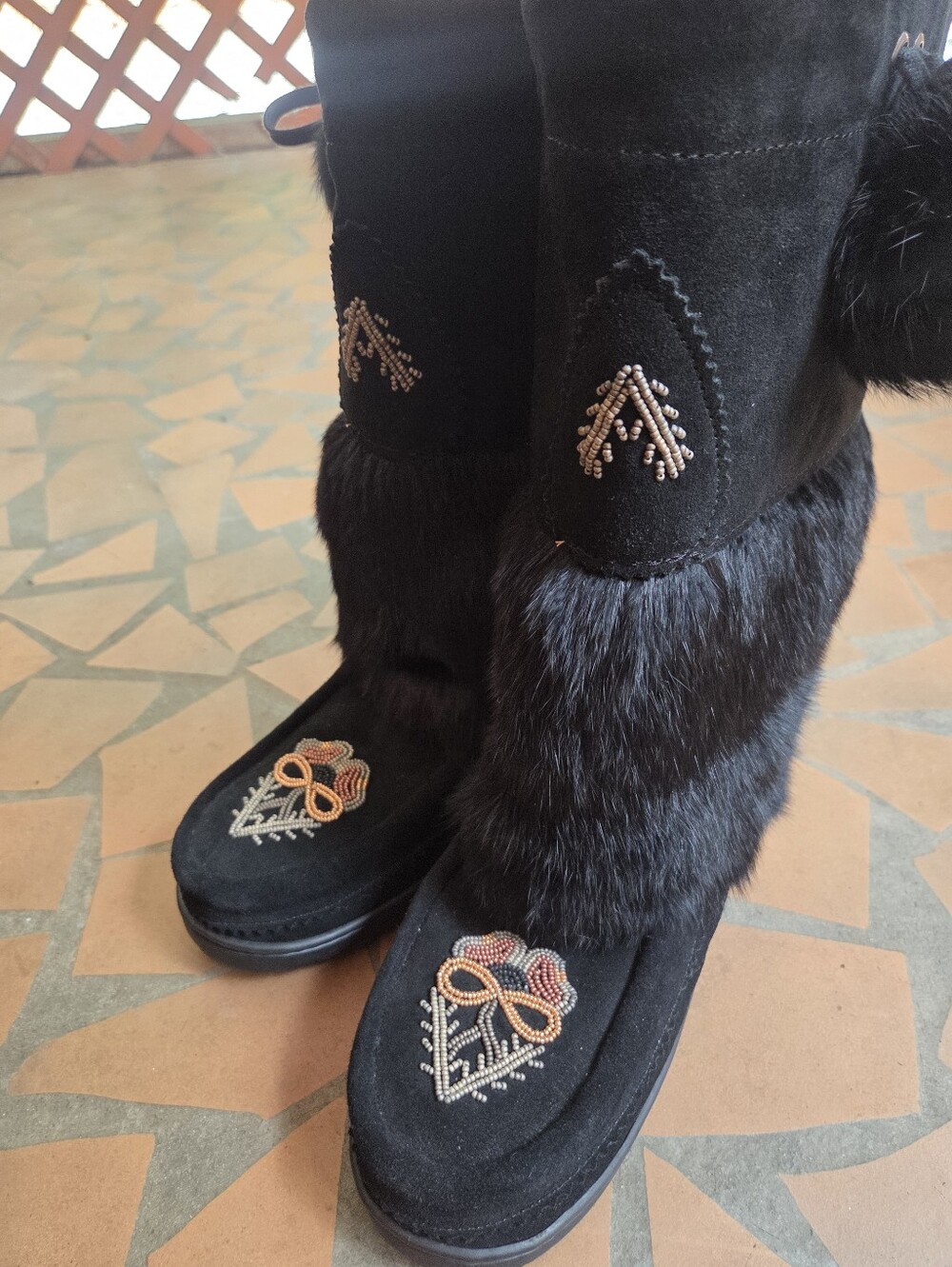 Women's Black Faux Fur Suede Winter Boots with Bead Embroidery